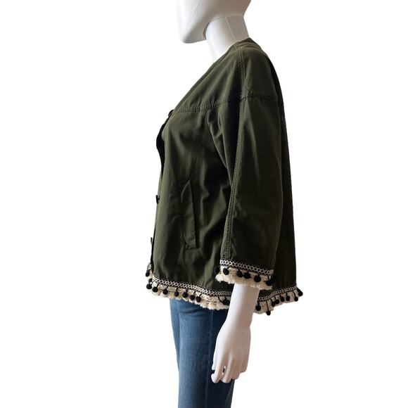 Zara Olive Army Green Twill Pom Pom 3/4 Sleeve Lightweight Jacket, XS - Picture 4 of 7